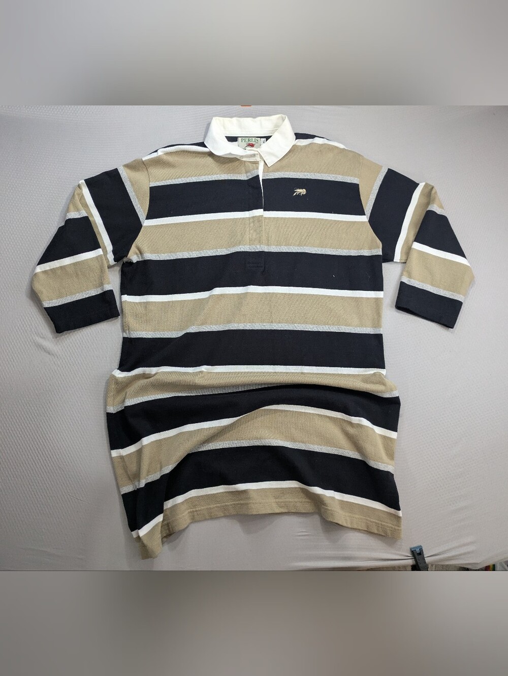 Vintage Perlis Rugby Shirt Men's XL Long 3/4 Sleeve Mardi Gras Colorblock Stripe